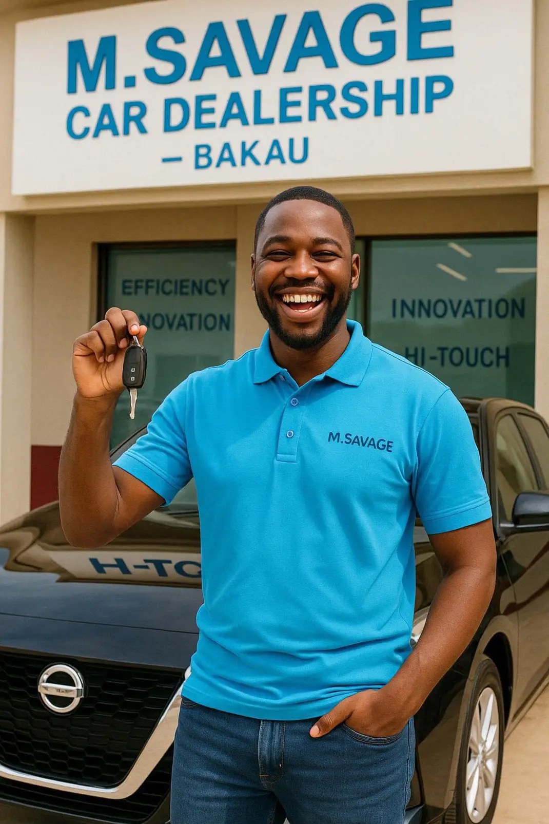 A customer representative holding a vehicle key at M.Savage Used Car Dealership